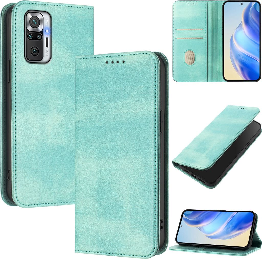 Handyhülle für Xiaomi Redmi Note 10 Pro/Note 10 Pro Max, Vintage Leder RFID Schutz Kartenfach Standfunktion Magnetische Klapphülle Türkis