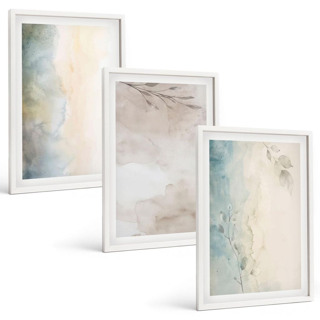 Bilder Set 3-teilig im weißen Rahmen – Wandbilder 3 Stück – gerahmte Poster für Wohnzimmer, Schlafzimmer und Flur – 40x60 cm – Zarte Aqu...