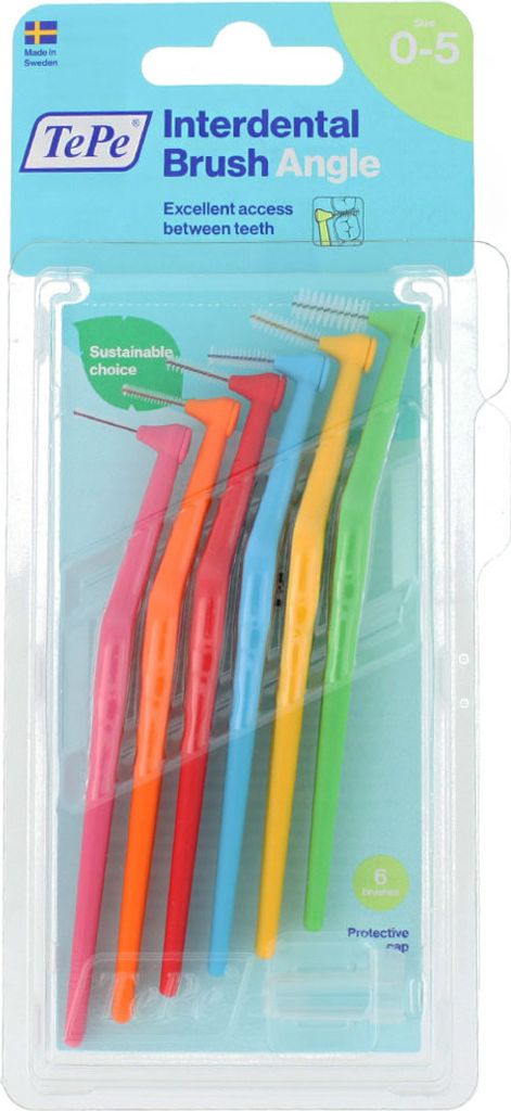 A package of TePe Angle interdental brushes in various colors.