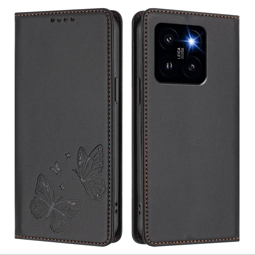 Lederhülle für Xiaomi 14 Pro, Schmetterling Prägung Leder Brieftasche Schutzhülle mit Ständer Schwarz