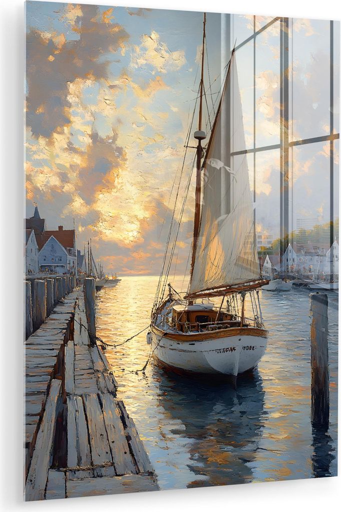 MuchoWow Glasbilder - Bilder auf Wandbild - Foto auf Glas Segelboot - Sonne - Pier - Holz 30x40 cm Wanddekoration aus Glas - Acrylglasbild - Acrylb...