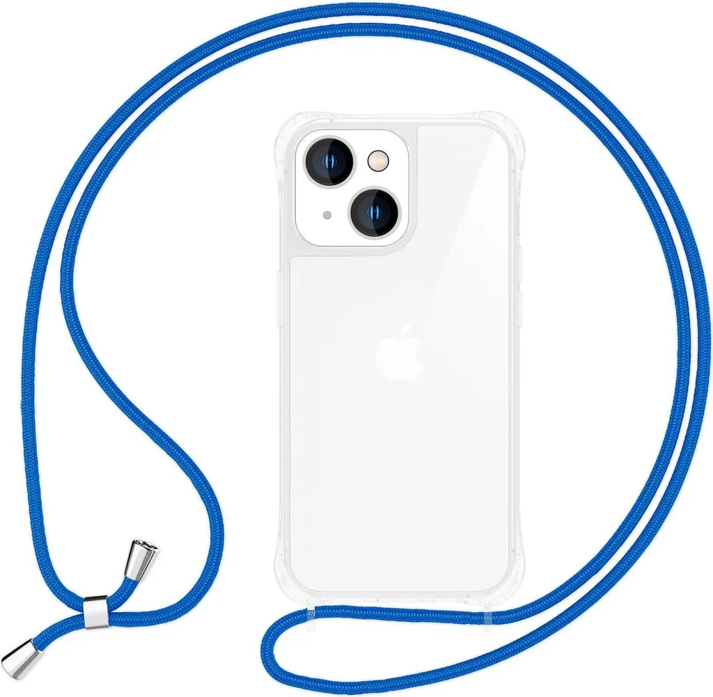 Custodia con catena per iPhone 14 - Custodia trasparente per cellulare con cinturino in corda da appendere blu