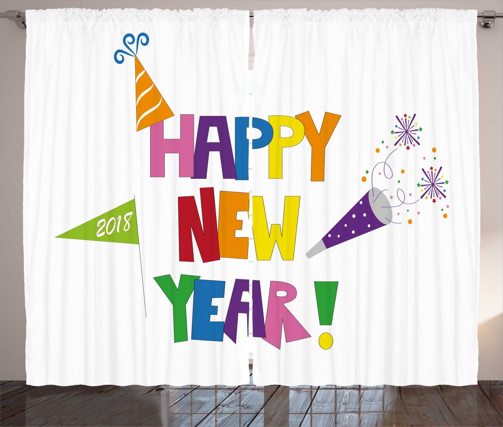 ABAKUHAUS Frohes neues Jahr Rustikaler Vorhang, Bubbly Platz Font, Wohnzimmer Universalband Gardinen mit Schlaufen und Haken, 280 x 225 cm, Mehrfarbig