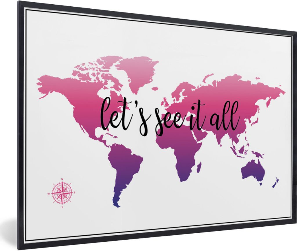MuchoWow Gerahmtes Poster Weltkarte - Rosa - Kompass 30x20 cm - Poster mit Schwarzem Bilderrahmen Wandposter Rahmen Foto Bilder - Kunstdruck - Bi...