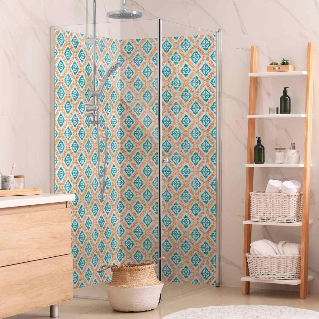 Duschrückwand mit Motiv selbstklebend - 0.61 mm Wandpaneel wasserfest Design blau Fliesenoptik Vintage Badrückwand fugenlos Premium matt 110x210 cm