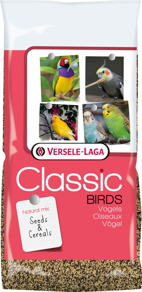 A bag of bird seed with images of birds on the packaging.