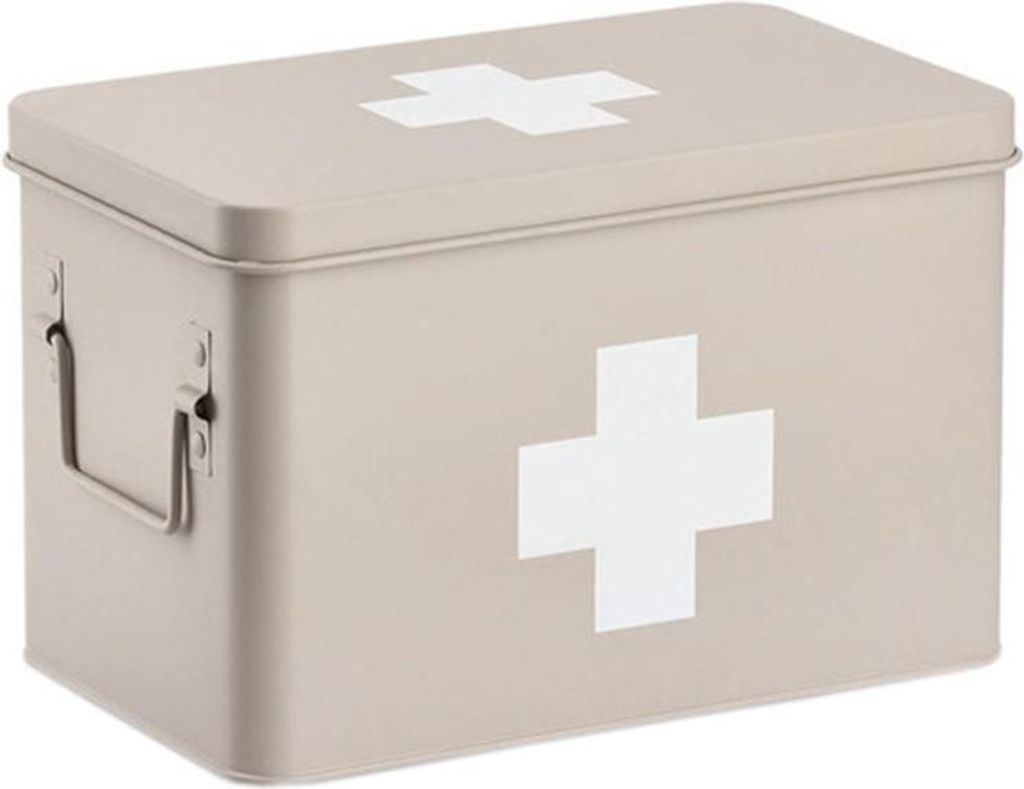 A beige metal medicine box with a white cross symbol on the lid and front.