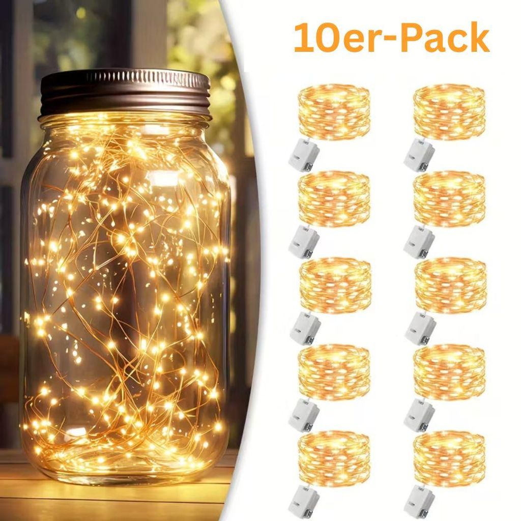 A jar filled with fairy lights and a set of 10 LED light strings with battery packs.