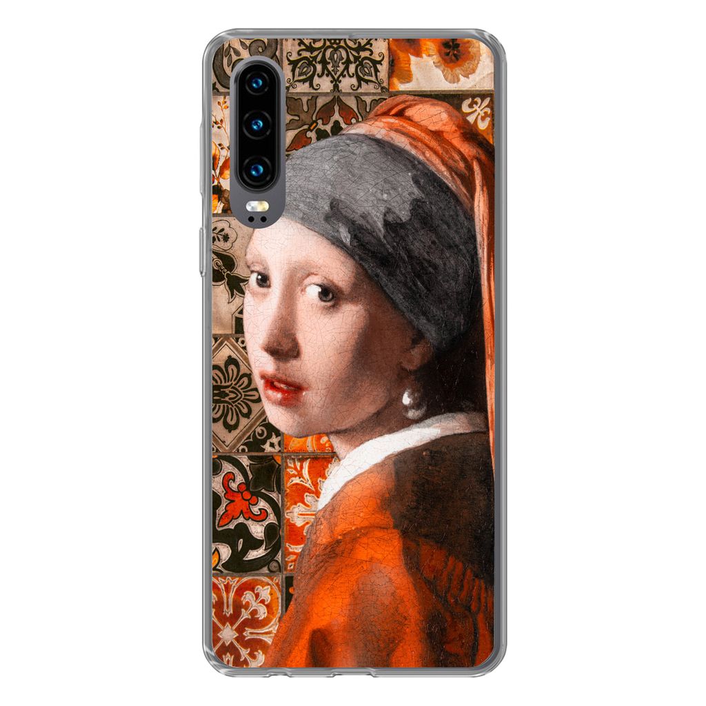 MuchoWow Handyhülle Schutzhülle Hülle für Huawei P30 Mädchen mit Perlenohrring - Kacheln - Vermeer Silikon Softcase Handy Hülle - Kartenbes...