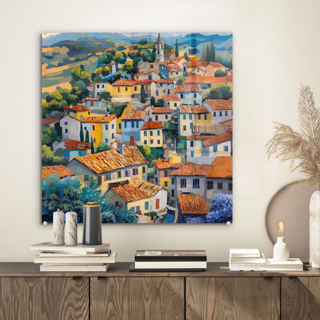 MuchoWow Glasbilder - Bilder auf Wandbild - Foto auf Glas Dorf - Hügel - Landschaft - Bäume 50x50 cm Wanddekoration aus Glas - Acrylglasbild - Ac...