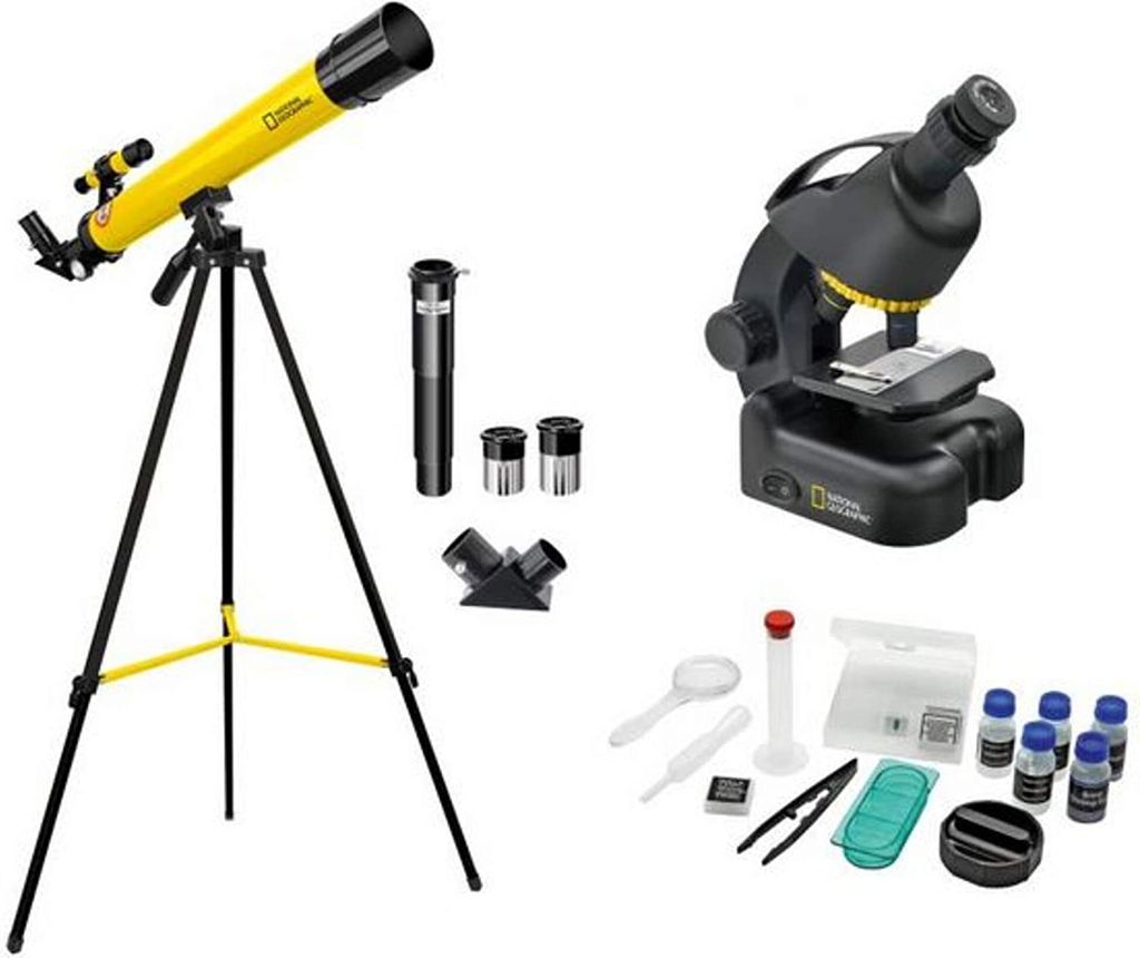 A National Geographic telescope and microscope set is displayed against a white background.
