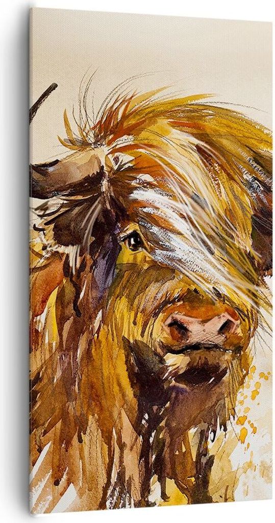 Bild auf Leinwand - Leinwandbild - Einteilig - Stier Scotch Aquarell - 65x120cm - Wand Bild - Wanddeko - Wandbilder - Leinwanddruck - Bilder - Wand...