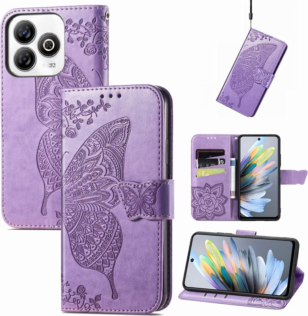 Für ZTE Blade A75 4G Kunstleder Wallet Handy Tasche Schmetterling Design Hülle Etuis Hell-Lila