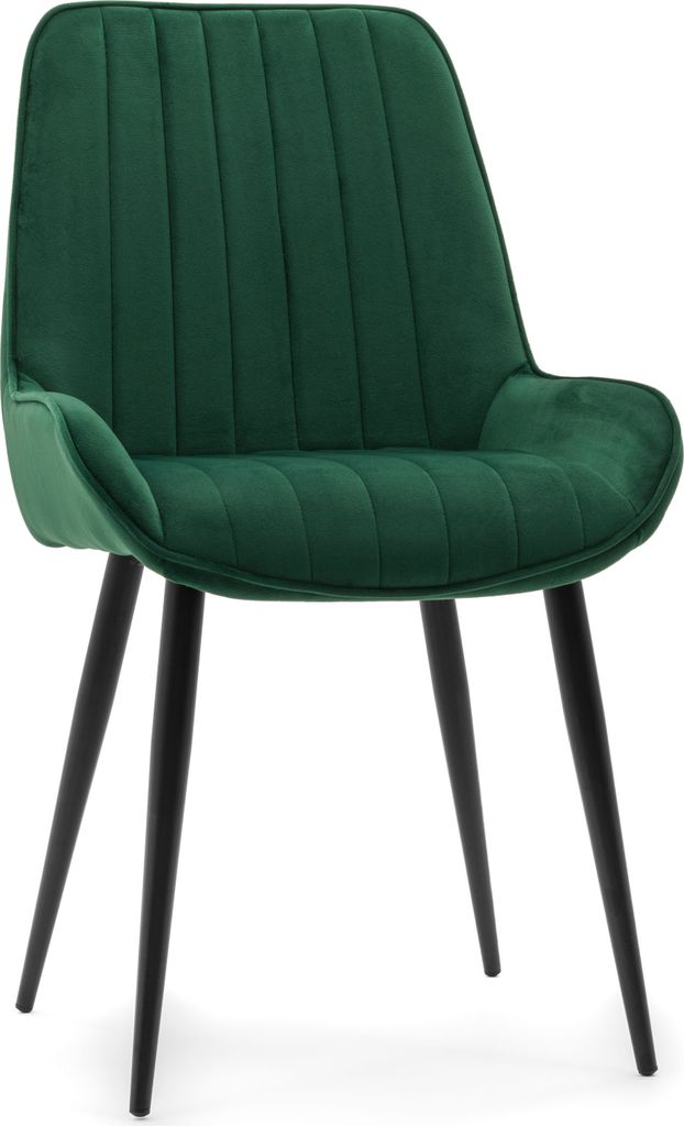 A green upholstered chair with black legs is shown against a white background.
