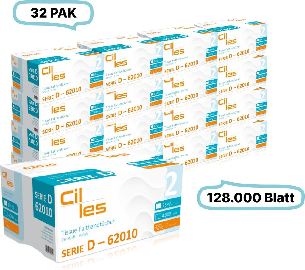 Falthandtücher 25x21cm, 2-lg, 32 Pak, 128.000 Blatt gesamt, 4.000 Blatt/ Pak, 100% Zellstoff, V-Falz, CIL- les Tissue, Series D