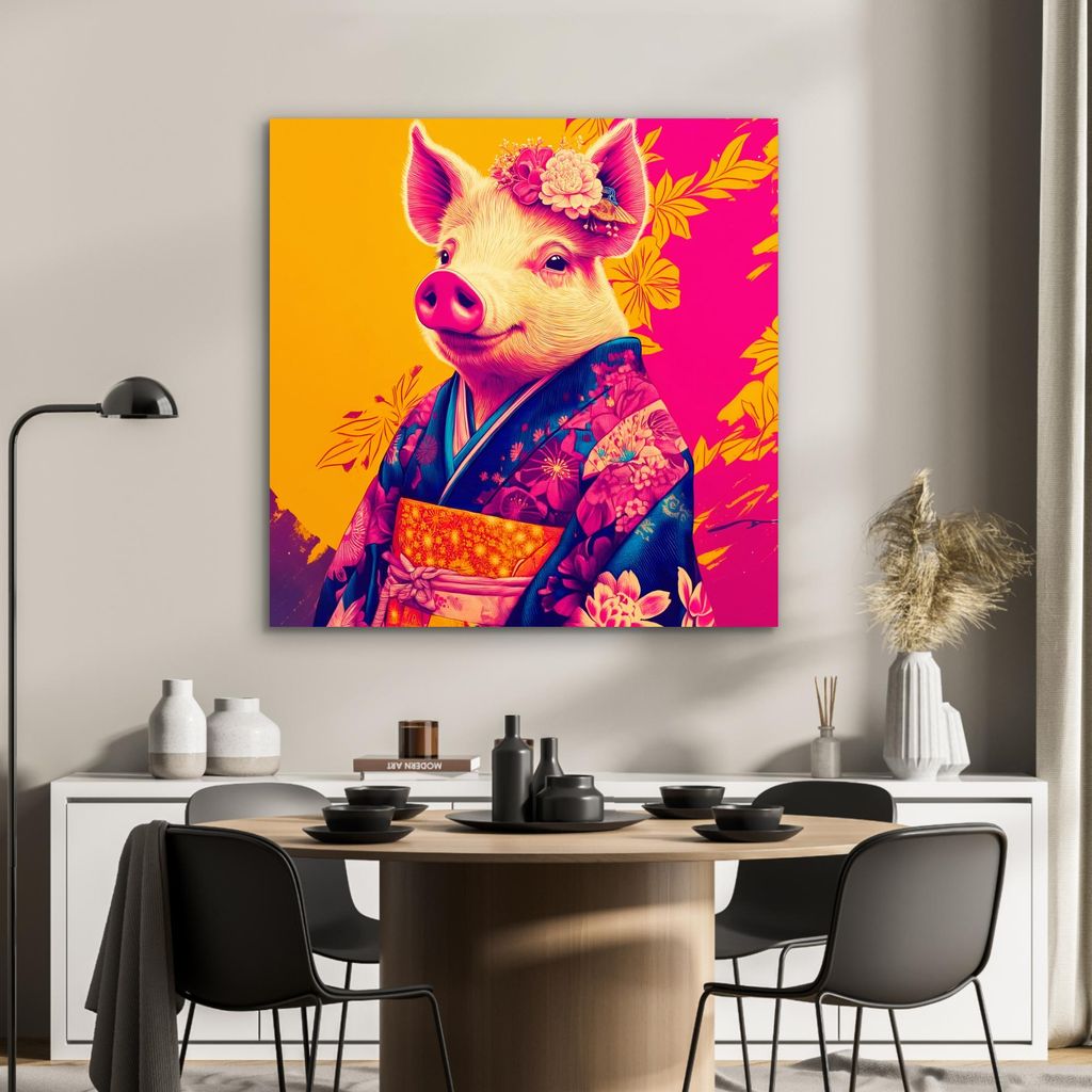 MuchoWow Wanddekoration Metall Metallbild Wandkunst 90x90 cm Schwein - Blumenkrone - Kimono - Abstrakt MuchoWow Aluminium Gemälde - Dekoration - I...