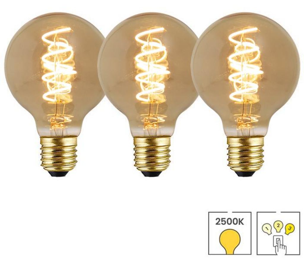 3-er Set LED-Lampen E27 | 3-stufig dimmbar | 4 Watt | 2500K warmweiß | Kugel 80 mm | Bernstein | Spiralförmige Glühwendel | Lybardo
