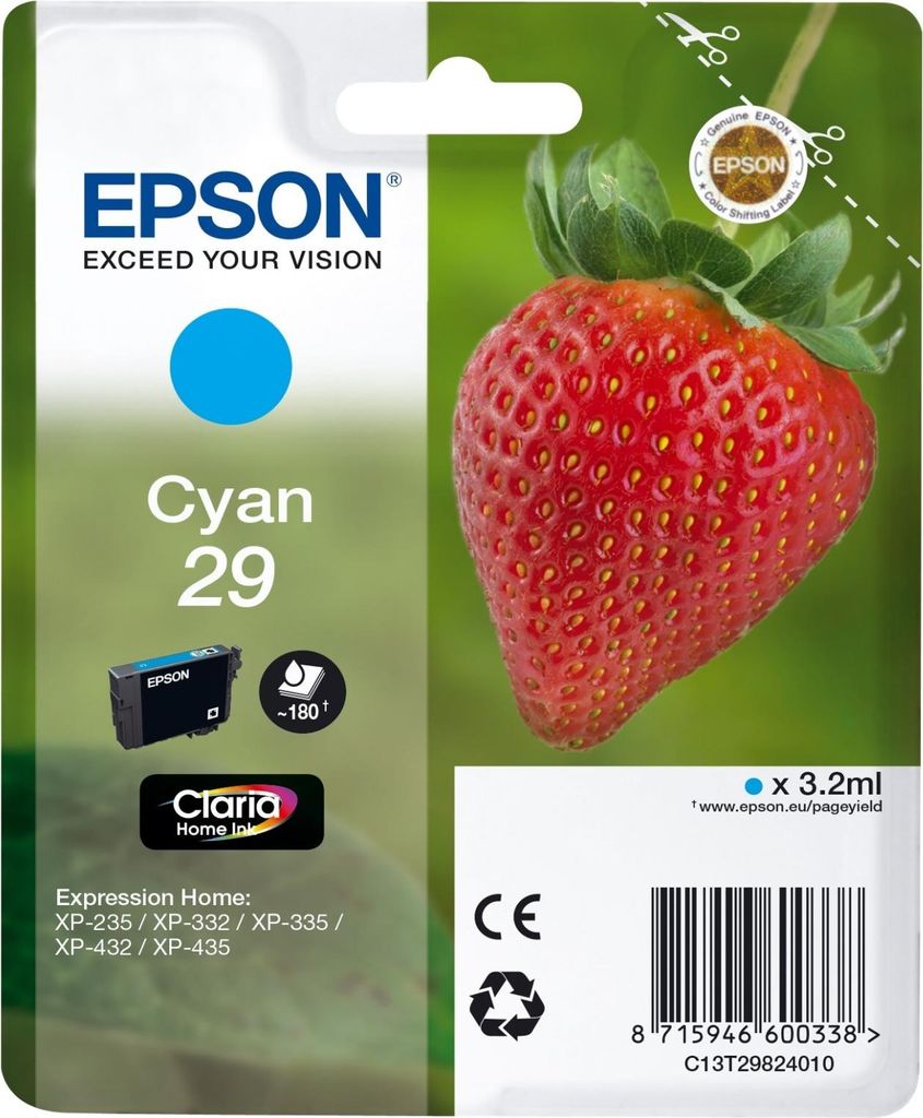 Epson Strawberry Singlepack Cyan 29 Claria Home Ink, Standardertrag, Cyan, 3,2 ml, 1 Stück(e), 180 Seiten