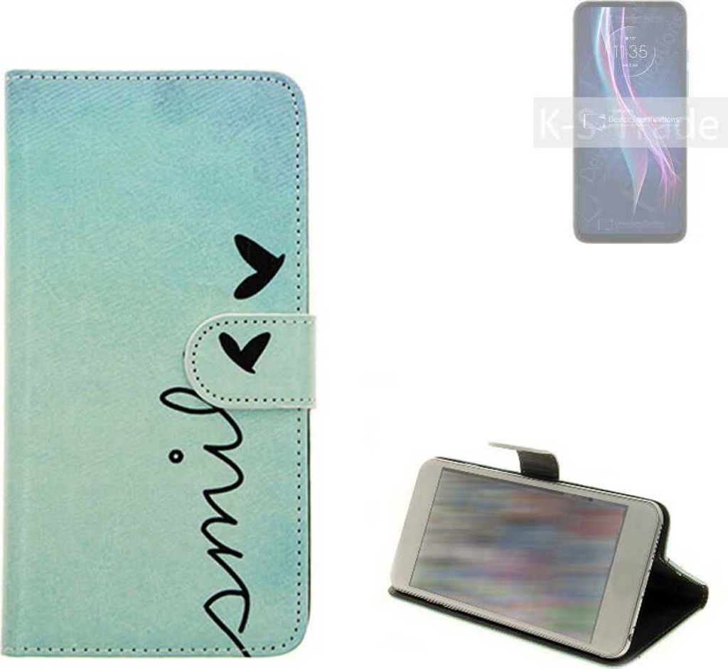 K-S-Trade Schutz Hülle Handy Hülle kompatibel mit Motorola One Fusion+ Hülle Handyhülle cover bookstyle Etui Handyhülle ''smile'' türkis