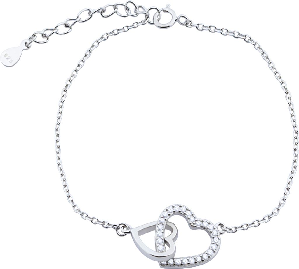 Golders Doppelherz-Armband aus 925 Silber mit farblosen Zirkonia, 20 cm