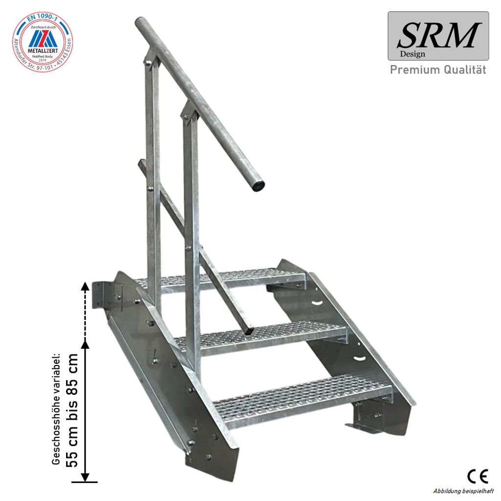 3 Stufen Stahltreppe einseitig. Geländer Breite 90 cm Geschosshöhe 40-60cm