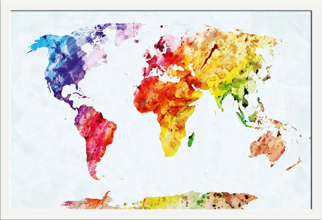 Mappe - Poster - Mappamondo acquerellato + cornice rimovibile, Shinsuke® Maxi MDF bianco, lastra acrilica