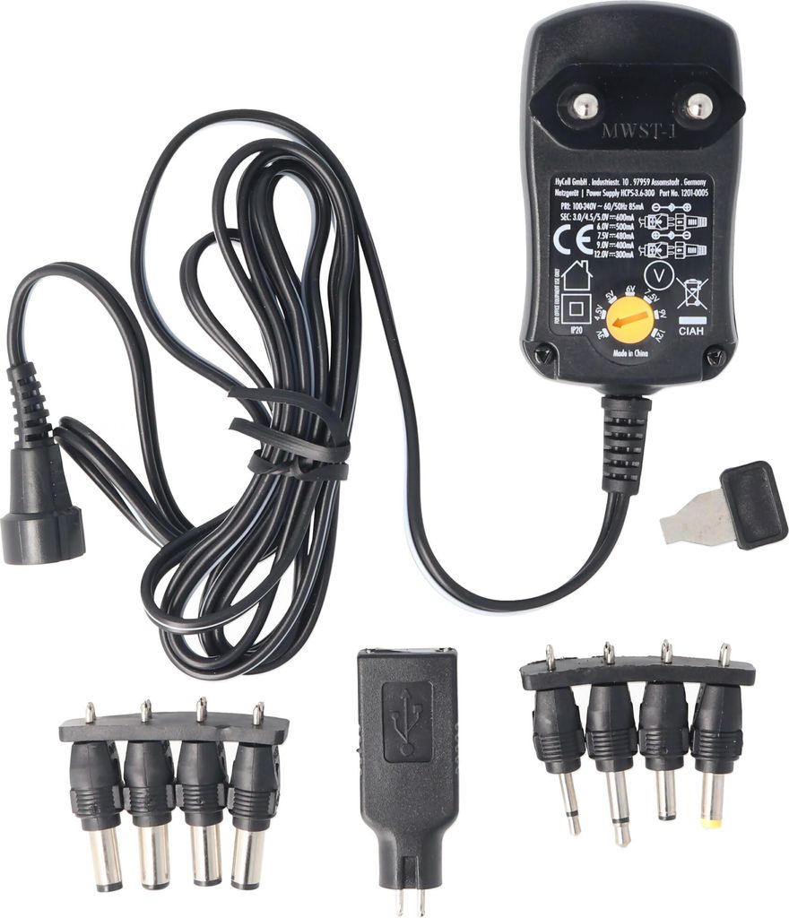 3 Volt bis 12 Volt Universal-Netzteil inklusive 1 USB- und 8 DC-Adaptern, max. 3,6 W und 0,3A