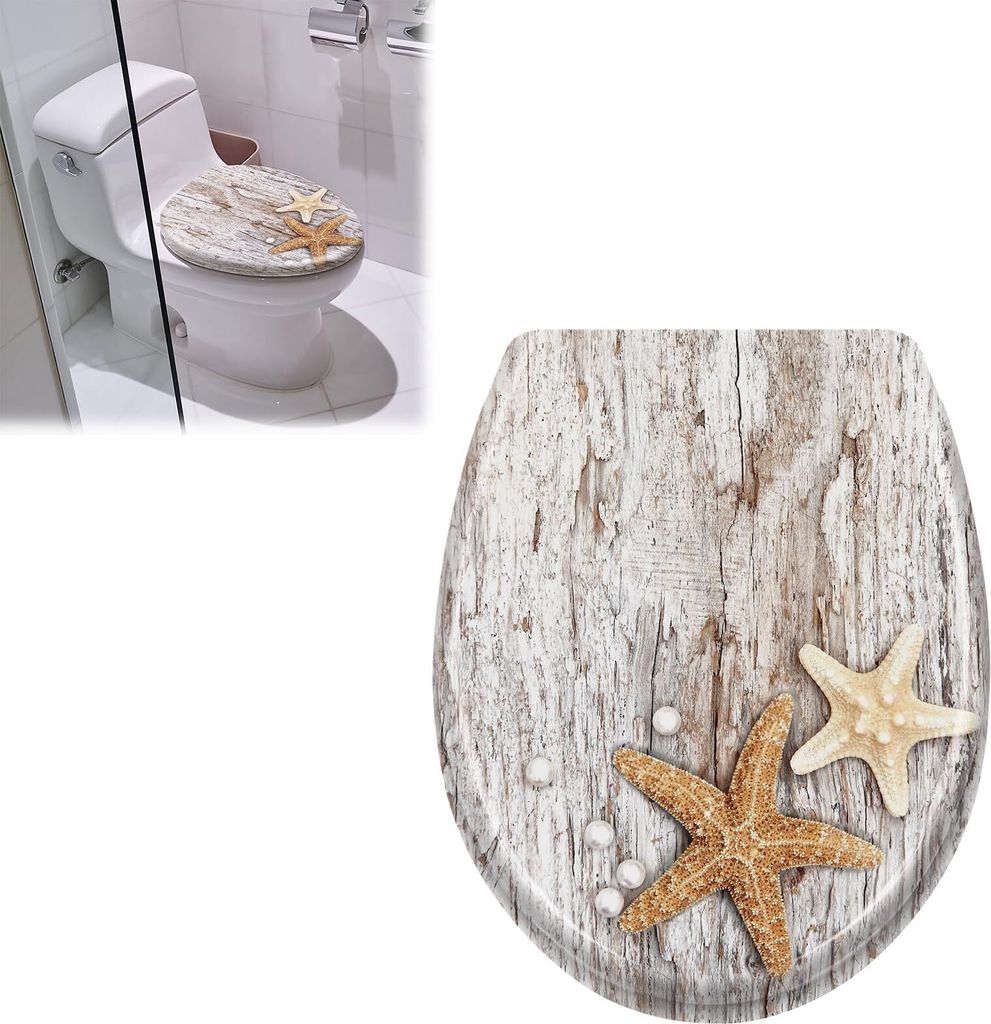 Sessamen-LP Toilettendeckel mit Absenkautomatik Toilettensitz WC-Sitz Klodeckel Klobrille aus Hartplastik, 45 x 38cm, Perlenseestern