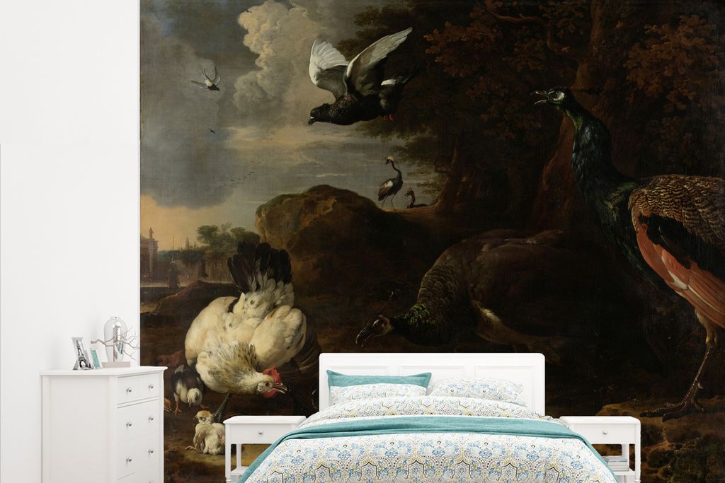 MuchoWow Fototapete für Wohnzimmer oder Schlafzimmer Wandtapete Vinyl Motivtapete Eine Henne mit Küken, bedroht von zwei Pfauen - Gemälde von ...