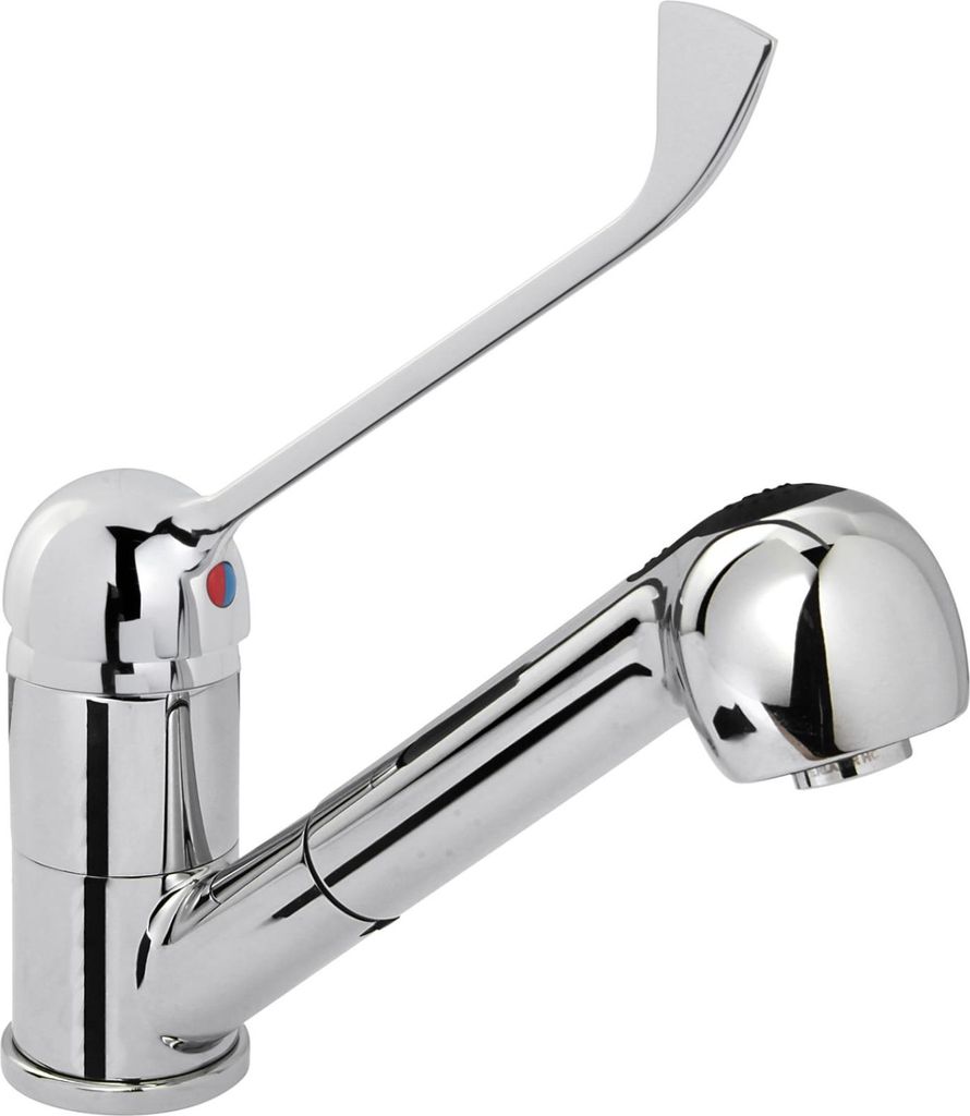 A chrome kitchen faucet with a pull-out spray head is shown against a white background.