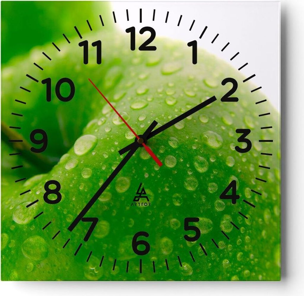 Wanduhr - Quadrat - Glasuhr - Apfel Obst Vitamin Gesundheit - 40x40cm - Schleichendes Uhrwerk - Lautlos - zum Aufhängen bereit - Dekoration Modern...