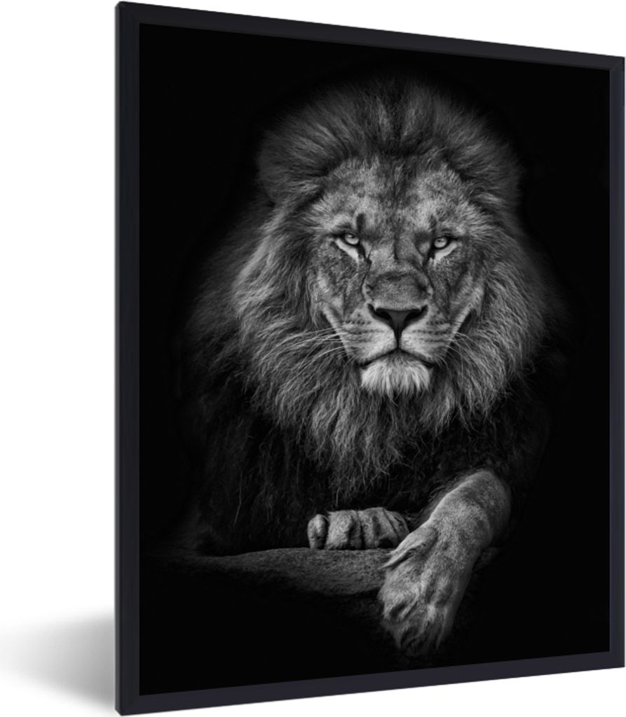 MuchoWow Gerahmtes Poster Löwe - Tiere - Schwarz - Weiß 30x40 cm - Poster mit Schwarzem Bilderrahmen Wandposter Rahmen Foto Bilder - Wanddeko -...
