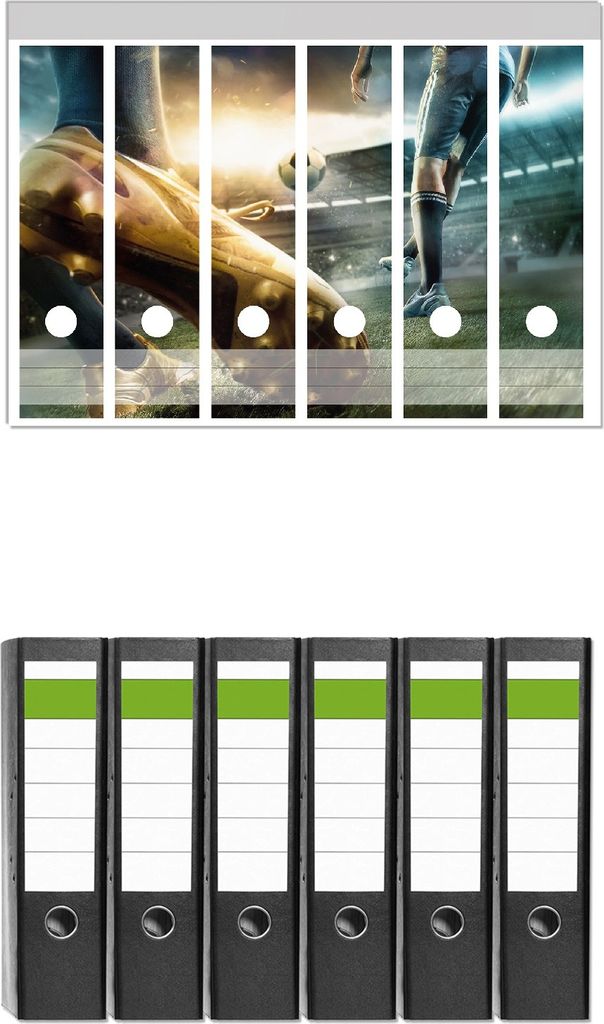Wallario 6 Stück breite Ordner inkl. Klebeetiketten mit Motive Fußball Goldschuh auf dem Feld - Set mit Rückenschildern / Ordnerrücken Stickern