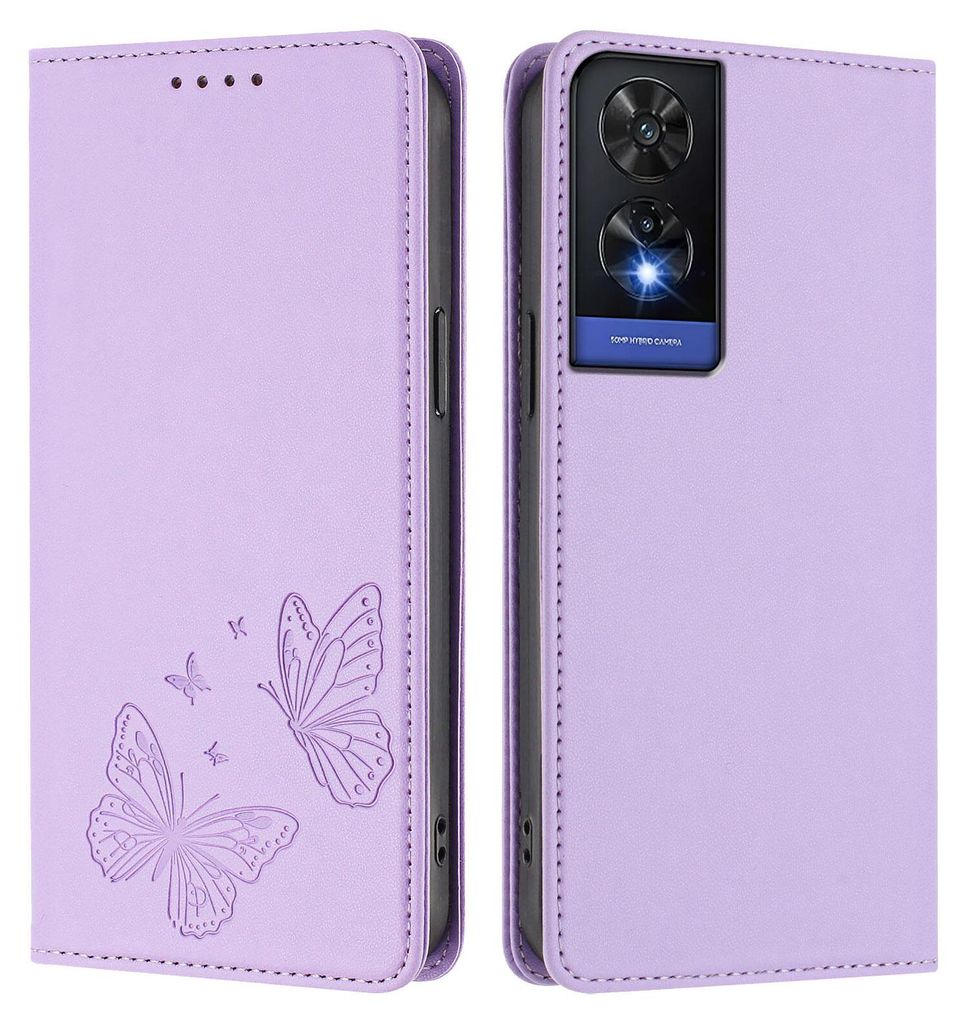 Lederhülle für TCL 505, Schmetterling Prägung Leder Brieftasche Schutzhülle mit Ständer Violett