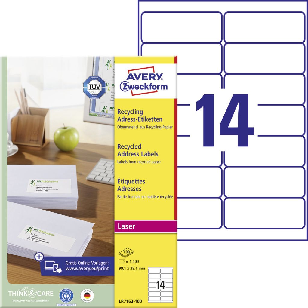 Avery Zweckform LR7163-100 Recycling Adress-Etiketten, A4, 99,1 x 38,1 mm, 100 Bogen/1.400 Etiketten, naturweiß