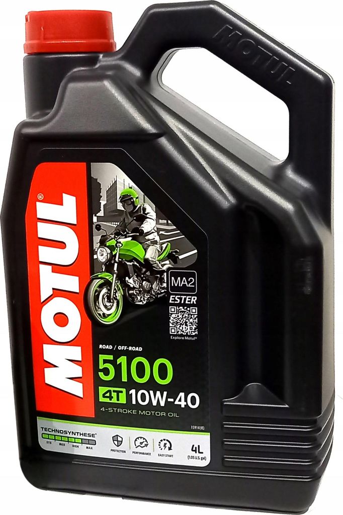 A black plastic container of Motul 5100 4T 10W-40 4-stroke motor oil.