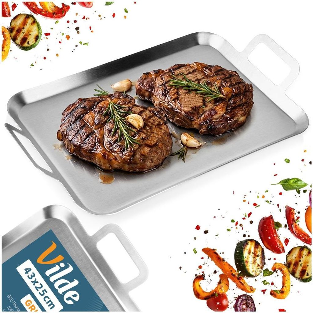 Vilde | Edelstahl Grillplatte 43 x 25 cm - mit Griffen - Wiederverwendbare - Spülmaschinenfest