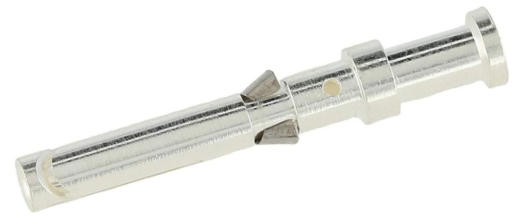 A close-up studio shot of a single metal electrical connector pin against a white background.