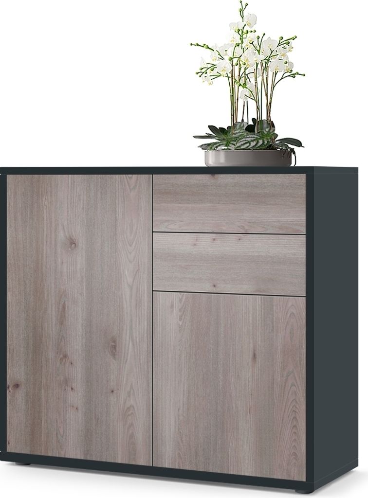 Vladon Sideboard Ben, Germany, Kommode mit 2 Türen und 2 Schubladen, Schwarz matt/Eiche Nordic (79 x 74 x 36 cm)