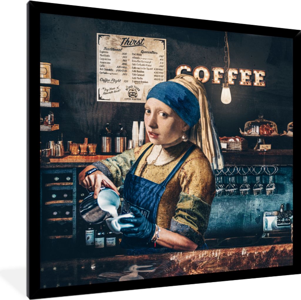 MuchoWow Gerahmtes Poster Kaffee - Mädchen mit Perlenohrring - Barista - Vermeer - Cappuccino - Gemälde 40x40 cm - Poster mit Schwarzem Bilderr...