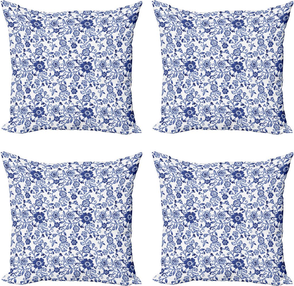 ABAKUHAUS Aquarell Kissenbezug Set (4 Stück), Vibrierende blaue Blumen, Moderner Doppelseitiger Digitaldruck, 40 cm x 40 cm, Violett Blau Weiß