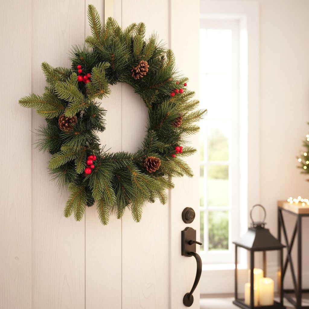 Künstlicher Weihnachtskranz 50 cm – Realistische Tannenzweige mit roten Ilex-Beeren & Tannenzapfen Deko-Kranz Spritzguss Mix