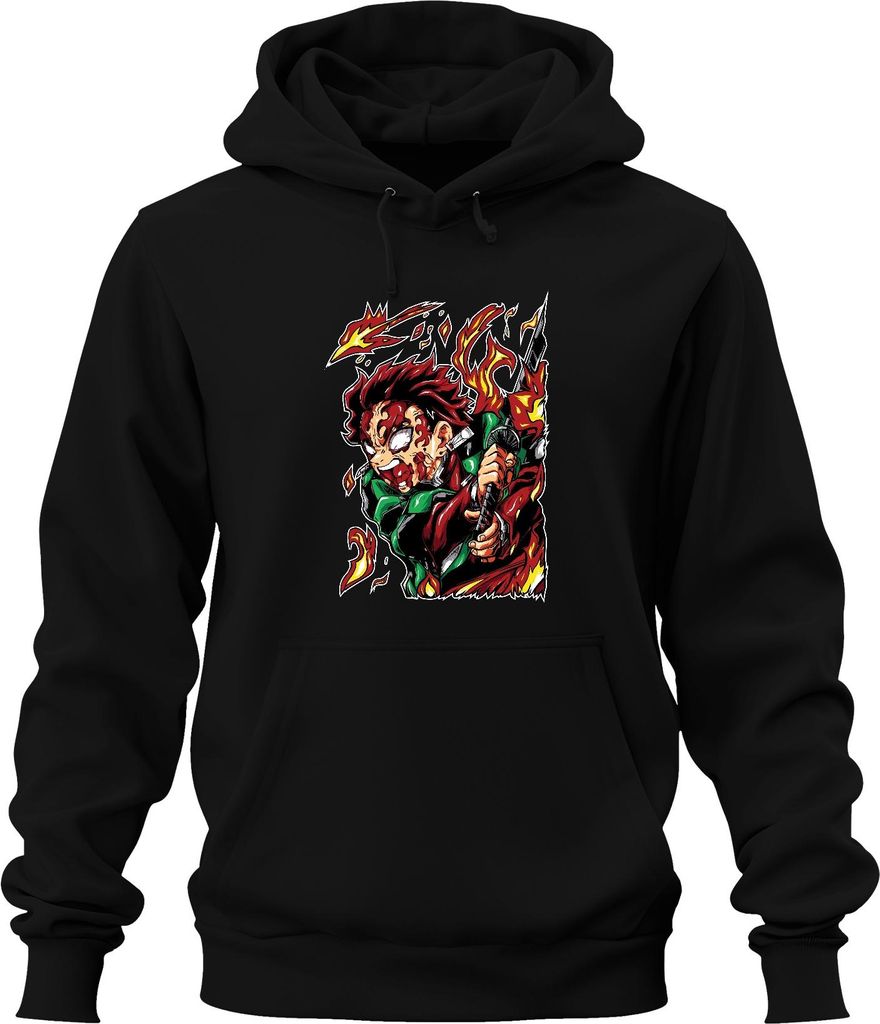 Dämonenjäger Samurai Katana Feuer Anime Geschenk Japan Y2K Streetwear Uni Hoodie Kapuzenpullover, Schwarz, S