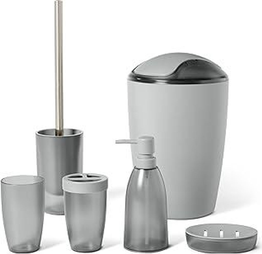 Badezimmerzubehör-Set mit Zahnbürstenhalter, Seifenspender, Seifenschale, Becher, Mülleimer, Toilettenbürste & Halter, Grau