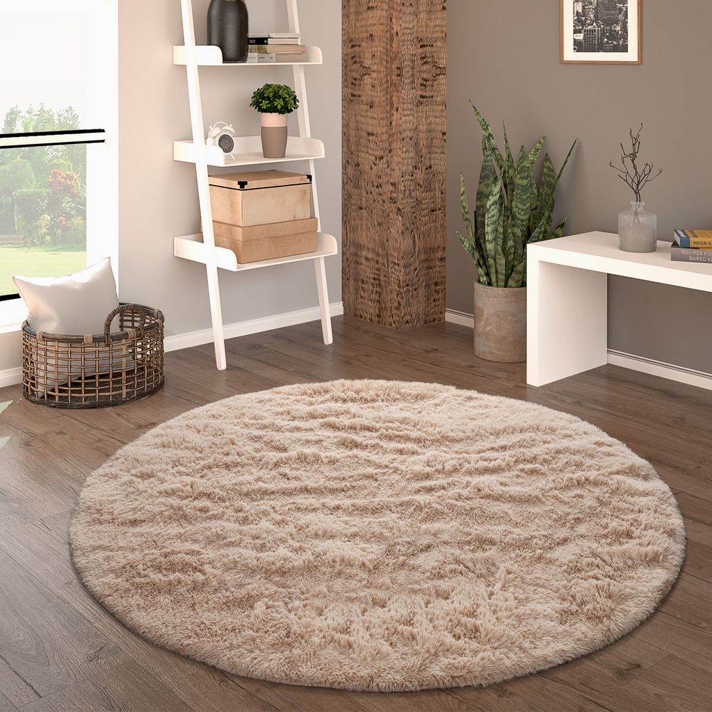 Hochflor Teppich Rund Wohnzimmer Shaggy Langflor Kunstfell Flauschig Einfarbig Grösse 120 cm Rund