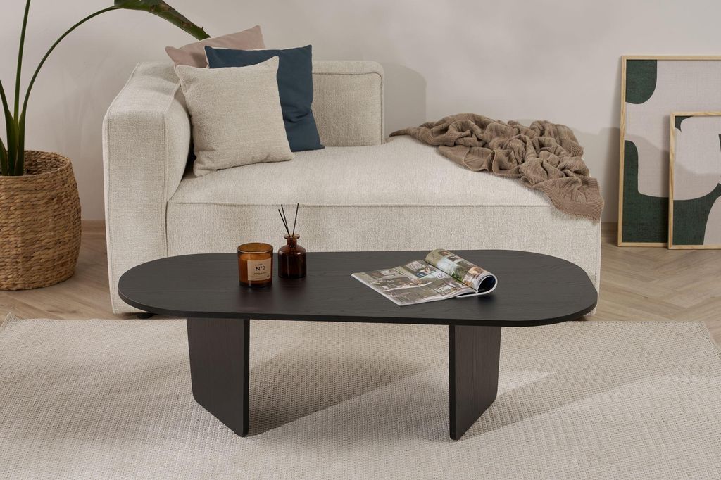 A modern living room scene with a couch, coffee table, and decor.