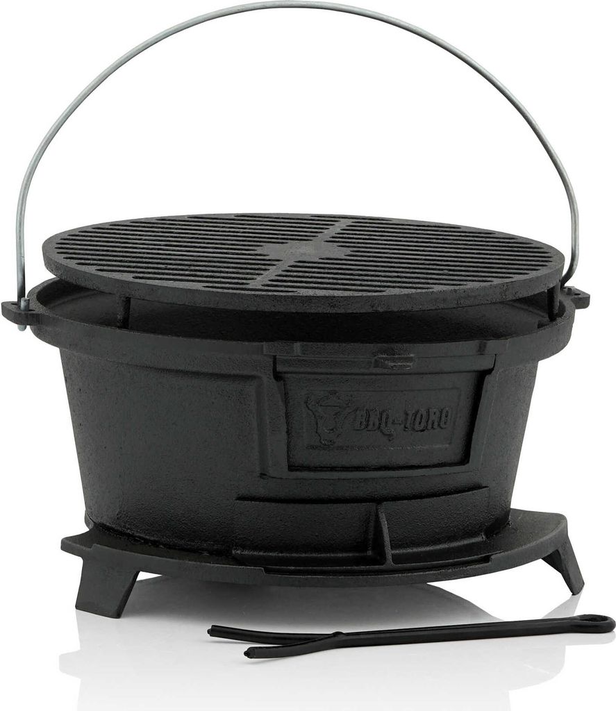 A black cast iron grill pot with a lid and a metal handle, shown on a white background.