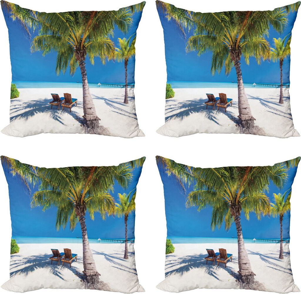 ABAKUHAUS Strand Kissenbezug Set (4 Stück), Island Palms Solarien, Moderner Doppelseitiger Digitaldruck, 45 cm x 45 cm, Grün, Blau, Weiß