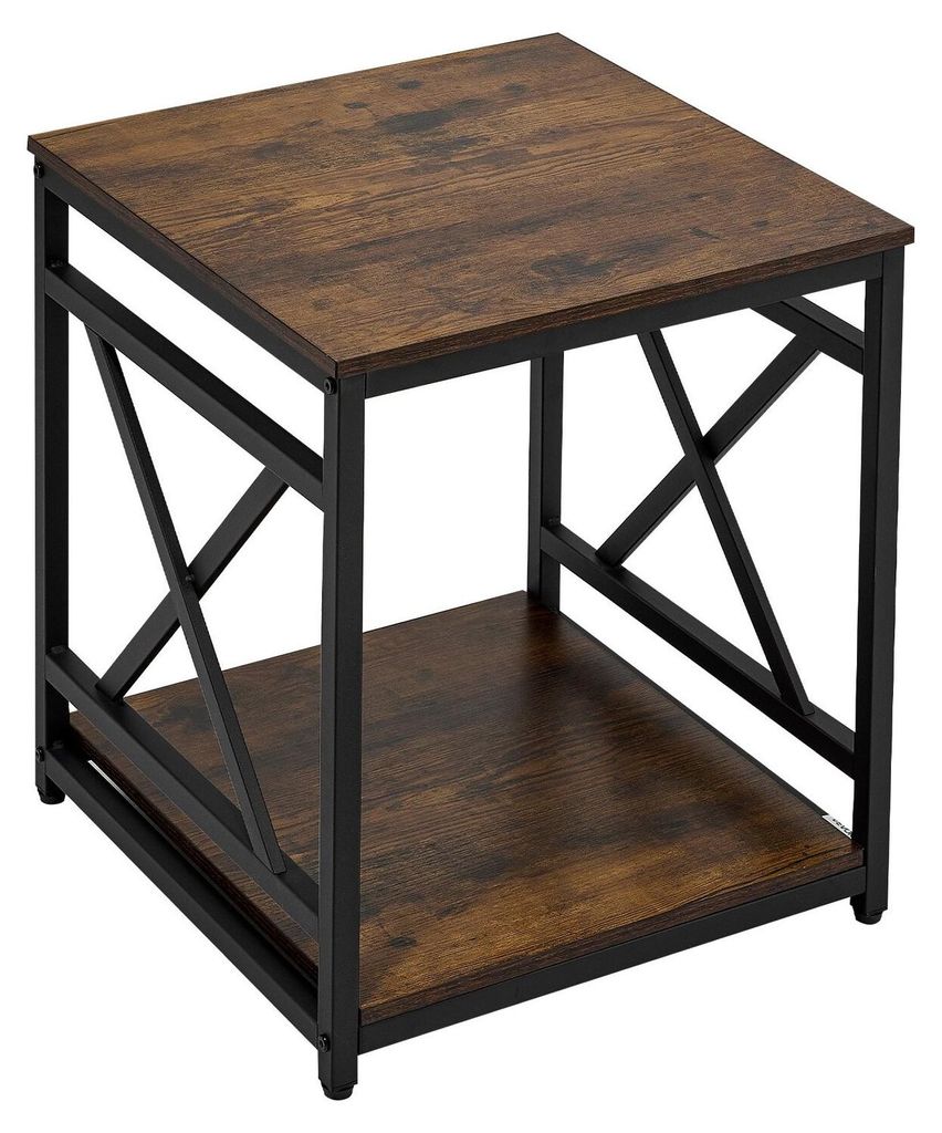 Beistelltisch, quadratischer Beistelltisch mit zwei Ablageflächen und offenen Regalen, moderner Nachttisch mit Metallgestell im X-Design, Couchtis...