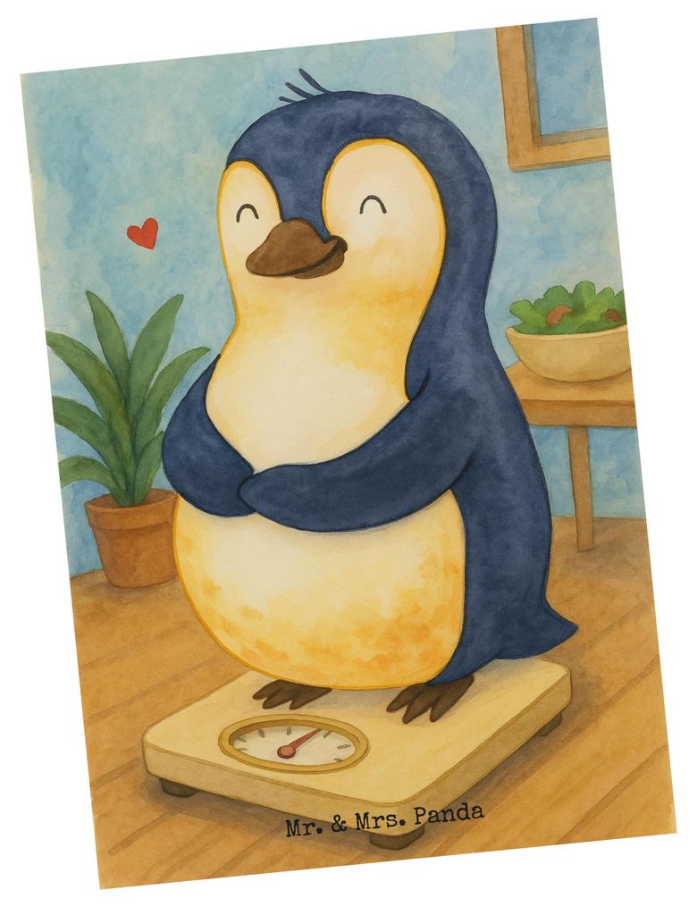 Mr. & Mrs. Panda Ansichtskarte Pinguin Diät Design - Weiß - Geschenk, Gewicht, Postkarte, Bierbauch, Kunstkarten, Postkarten, Bauch, Grußkarte, ...
